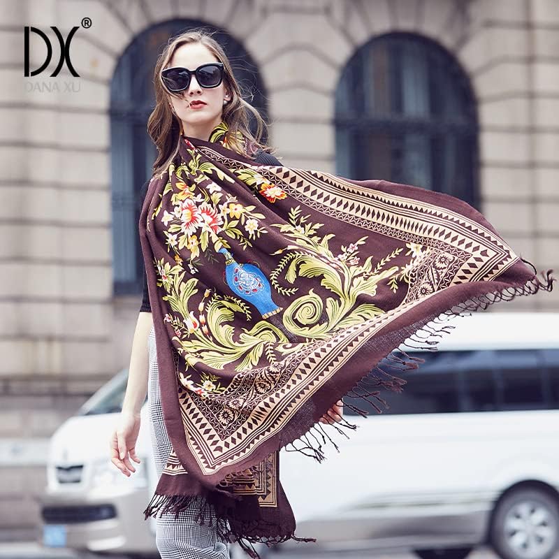 DANA XU 100% Merino Wool Pashmina Shawl for Women 96"x43", Oversized Cashmere Wrap with Tassels, Floral Travel Blanket Cape - Image 8