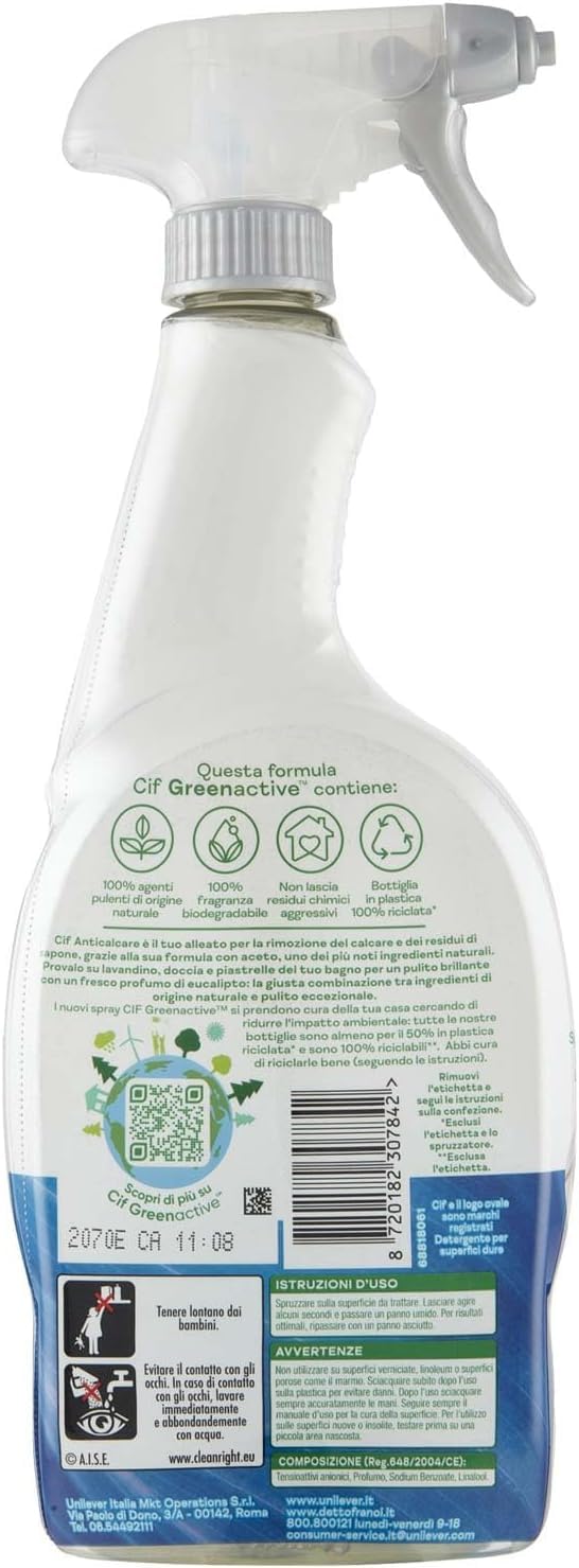 12x Cif Entkalker-Reinigungsspray für Badezimmer, mit Essig und Eukalyptus, 650 ml,Entfernt Kalk und Seifenreste, 100% biologisch abbaubarer Duft,+ Italy Shop Service Kostenloser Schlüsselanhänger