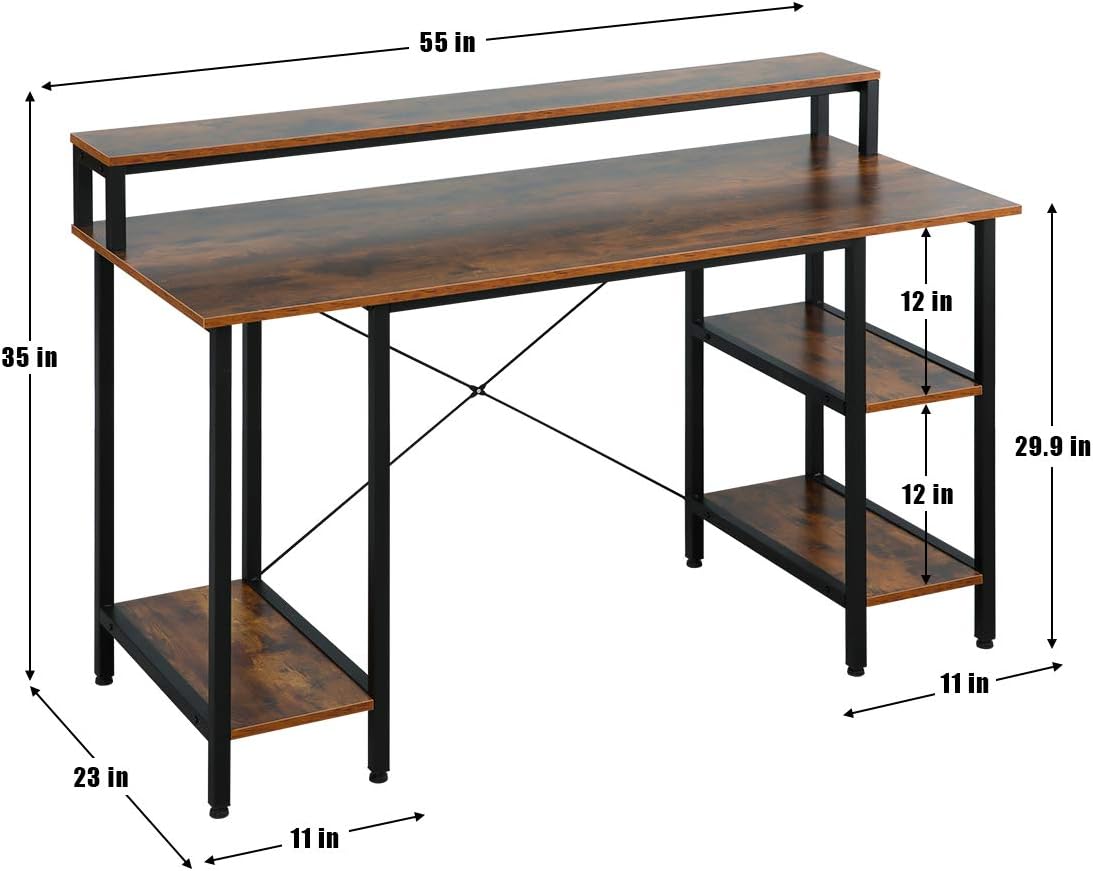MELLCOM Industrial Computer Writing Desk, Large Writing Desk for Home Office, Computer Desk with 2 Adjustable Storage Shelves on Left or Right Side and 2 Headset Hooks