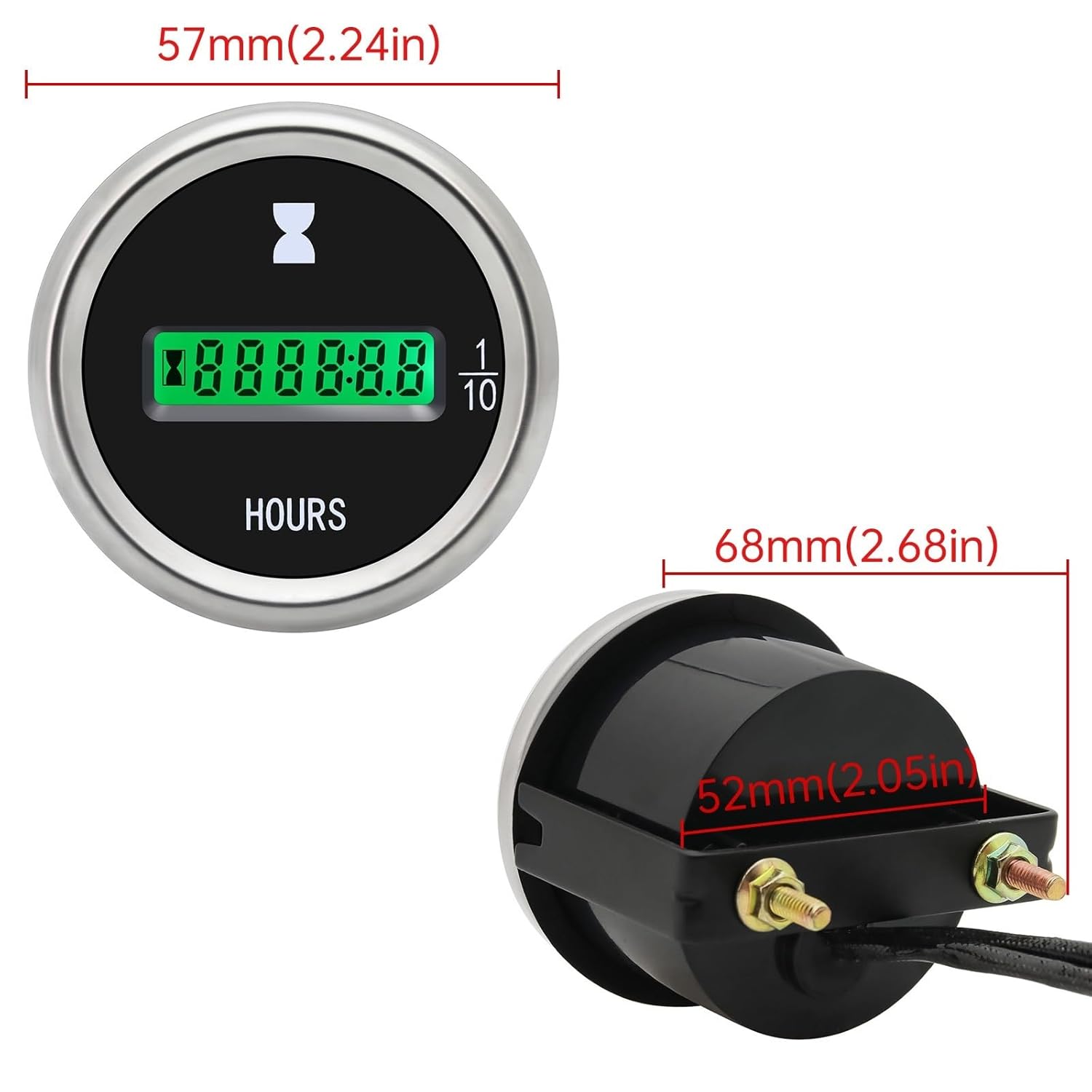 Gauge Odometer Tachometer HD 52mm Digital Hour Meter Display Hour Meters for Car Truck Auto Engine Hourmeters Time Hours Gauge Green Backlight 12V/24V Tachometer