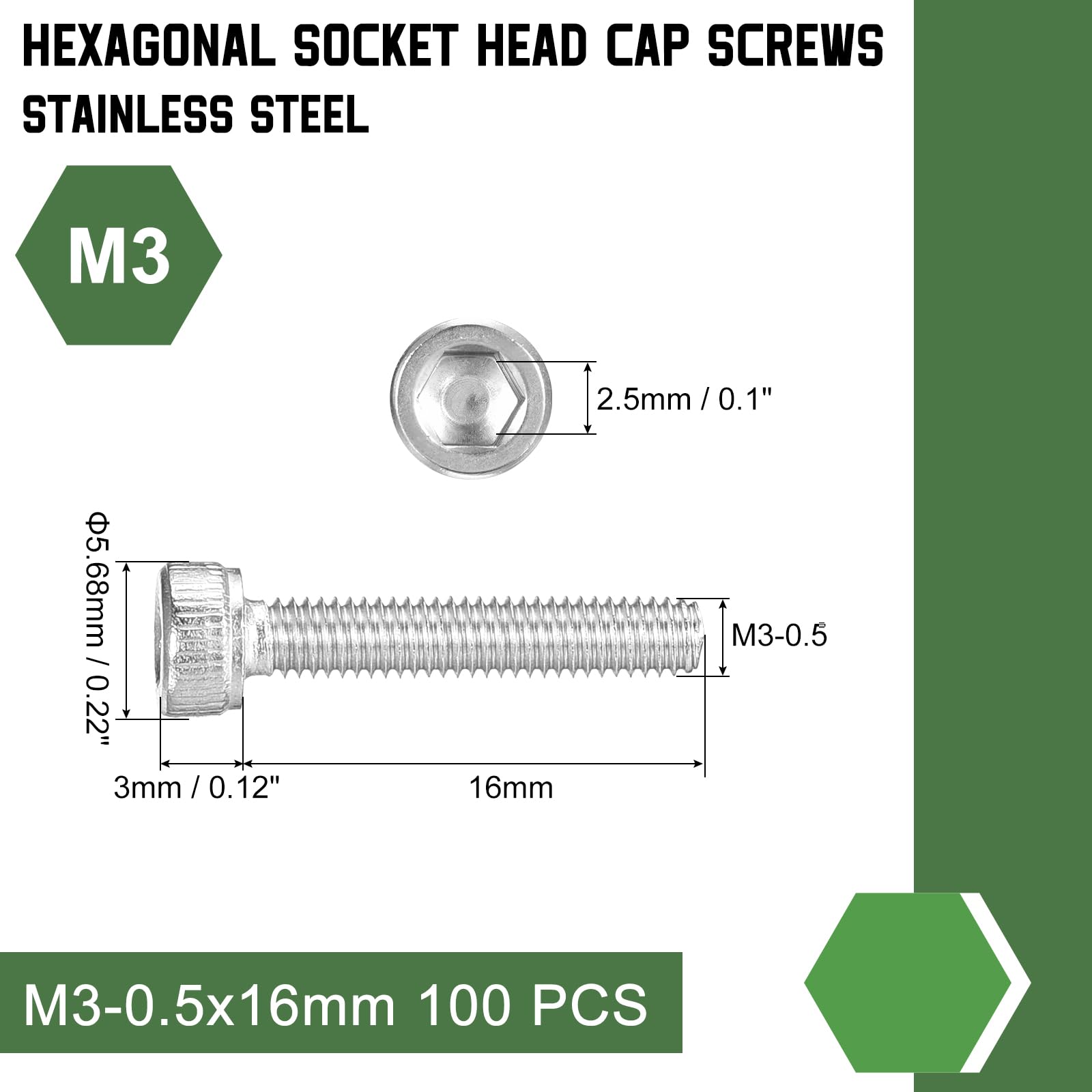 uxcell Hex Socket Bolts (M3-0.5x16), 304 Stainless Steel Hex Socket Drive Screws, Silver Tone, 100 Pcs, M3-0.5x16mm - Image 2