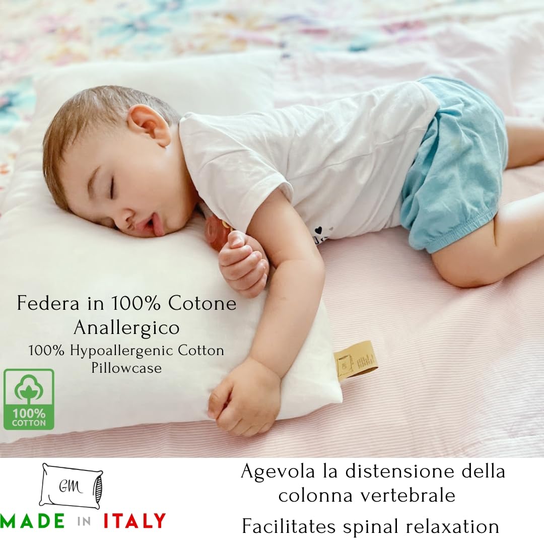 GM Coussin 40 x 30 cm pour enfant 100 % coton hypoallergénique blanc Lavable en machine pour dormir à la maison ou en voyage. Fabriqué en Italie