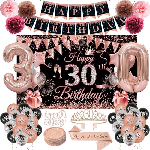 JKIYT Happy 30th Birthday Decorations for Her, Black Rose Gold 30 Years Old Decor for Women Include Sash and Crown, 30pcs Balloons Banner 40" Number Balloons, Backdrop Cake Topper & Paper Pom Poms by JKIYT - Used condition - US$17.70