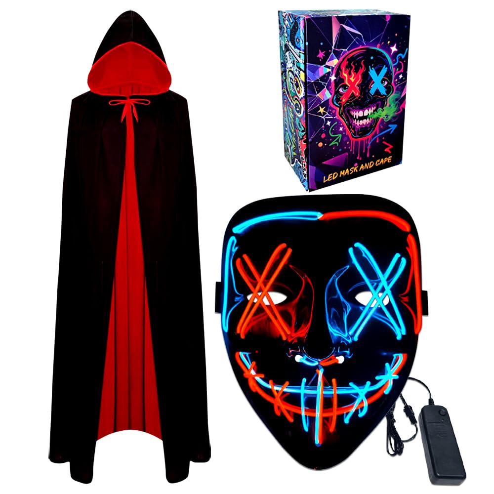 WFKKMEQ LED Halloween Mask and Vampire Cape, Light up Mask Cosplay Costume Halloween Masks Costumes LED Rave Face Masks Reversible Cape with Hood Party Fancy Dress Outfit for Adults (Blue and Red)