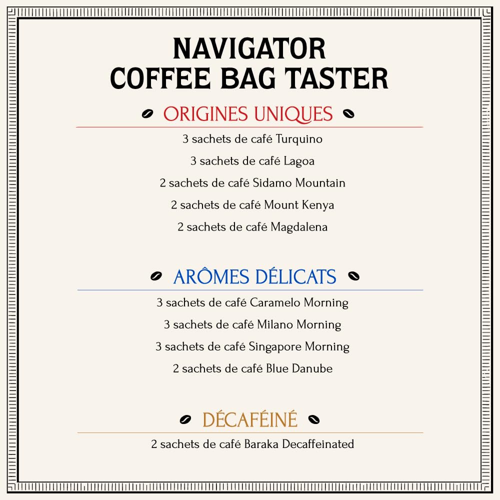 Bacha Coffee - Café Coffret de Dégustation Navigator - 25 Sachets 12g | Arômes Délicats, Origine Unique et Décaféiné - Cafés 100% Arabica - Sachets avec filtre intégré - Coffret Cadeau