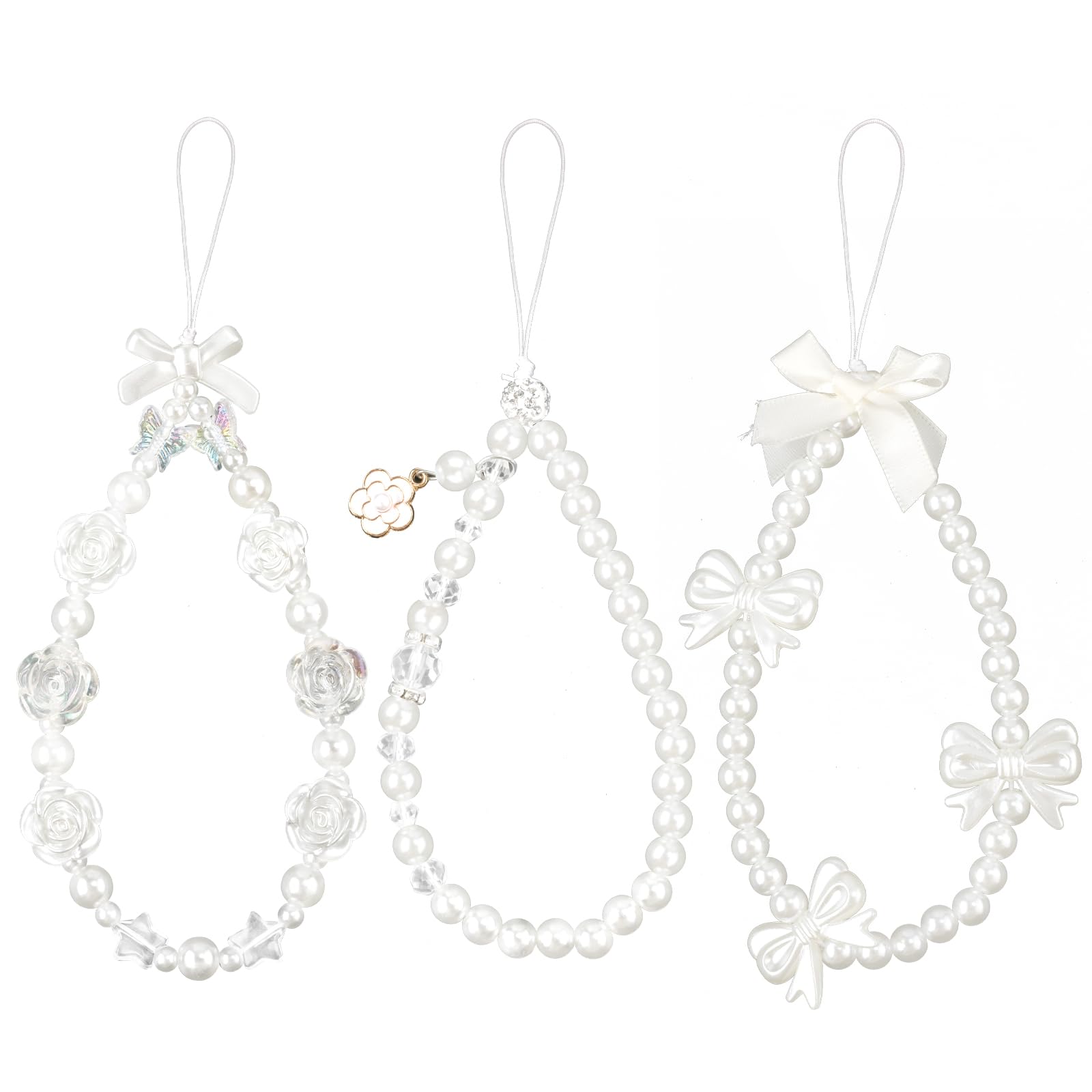 NQEUEPN3pcs Beaded Phone Bracelet Strap, White Pearl Bow Cell Phone Charms Rose Flower Phone Chain Lanyard Y2K Phone Wristlet for Women Girls