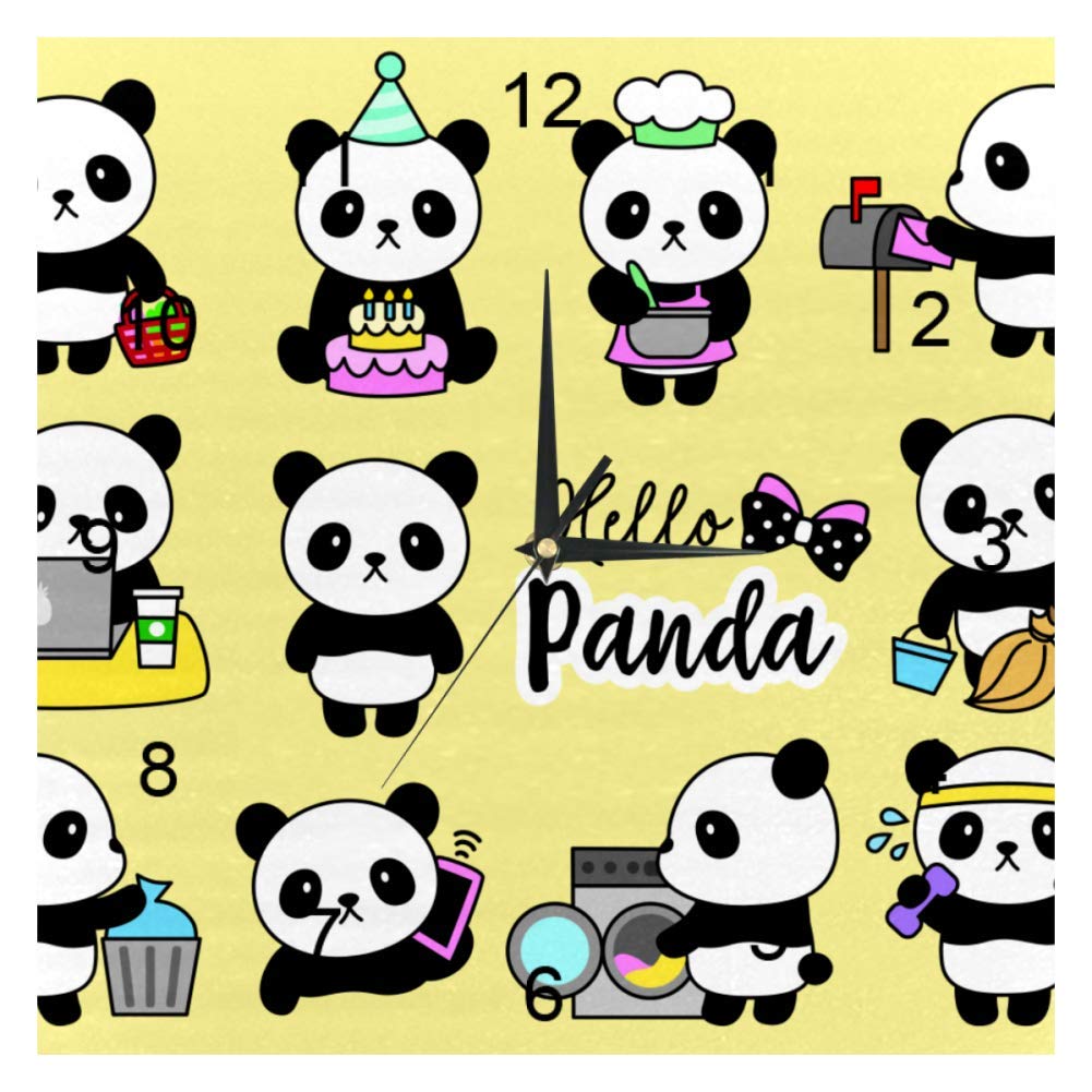 Horloge murale carrée Hello Panda Life silencieuse moderne à piles pour salon