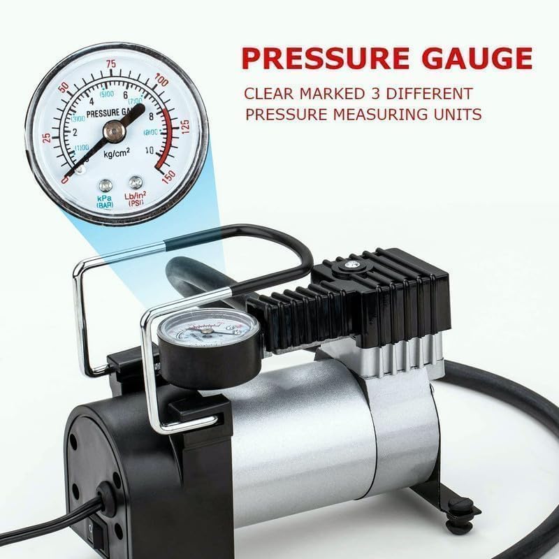 Image of Electric Car Air Compressor with Pressure Gauge, 12V DC Portable Tyre Inflator Air Pump for Car, Trucks, Bus, Bike, Auto & Van,High Pressure Portable Air Compressor for Bike (BLACK)