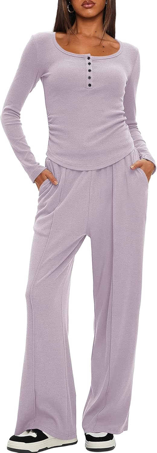 Darong Womens 2 Piece Matching Lounge Sets 2026 Long Sleeve Henley Shirts Wide Leg Pants Airport Travel Outfits - Image 5