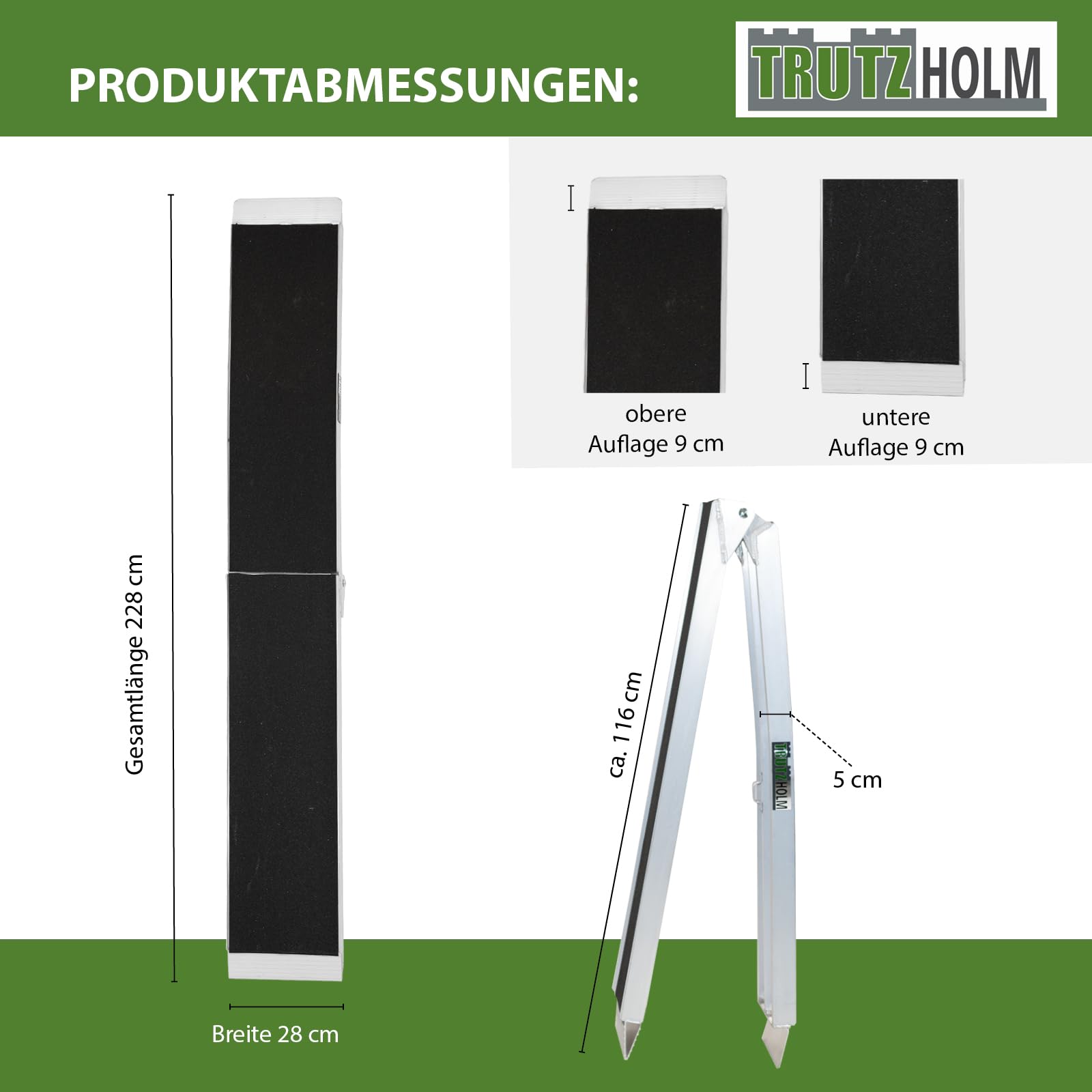 TRUTZHOLM 1x Auffahrrampe klappbar 228 cm 340 kg Traglast Aluminium Rampe mit Friktionsbeschichtung Anti Rutsch Motorradrampe Fahrradrampe E-Bike Rampe inkl. Spanngurt