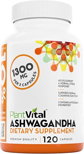 Plantvital Cápsulas orgánicas de Ashwagandha con pimienta negra de 1300 mg 120 cápsulas veganas para una respuesta normal al estrés, sueño normal y
