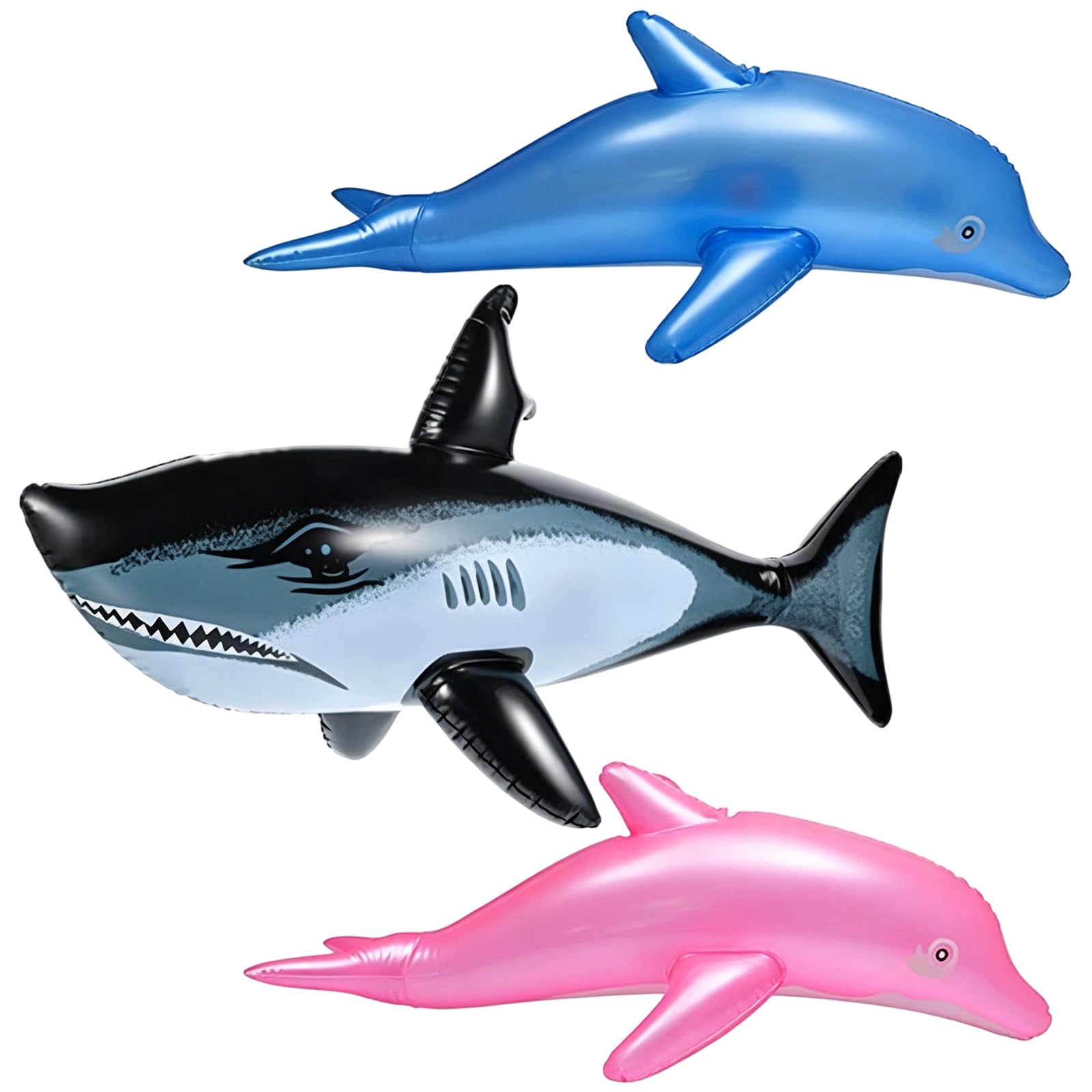 3pcs Inflatable Shark, Animal Inflatables Pool Set, Inflatable Dolphin and Sharks Three Pool Inflatables balloon with Pink Dolphin Blue Dolphin Shark Designs