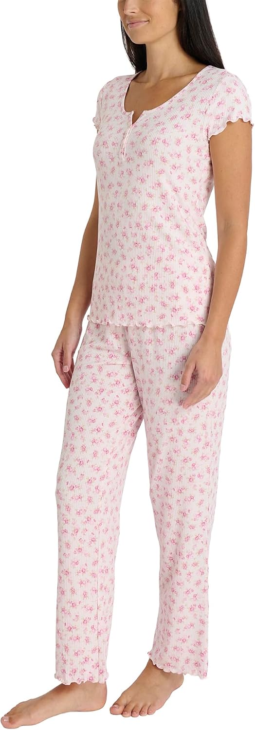 Laura Ashley Women's Pajamas 2 Piece Ribbed Knit Short Sleeve Henley Top and Pants PJ Set