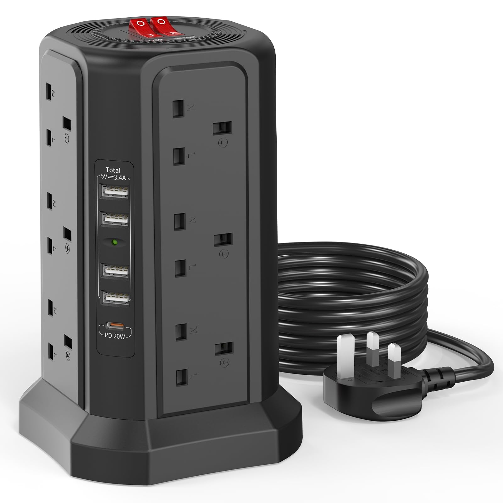 Tower Extension Lead with USB Slots 3M and 20W USB C Fast Charger, (13A 3250W) 5 USB Ports and 12 Way Extension Tower