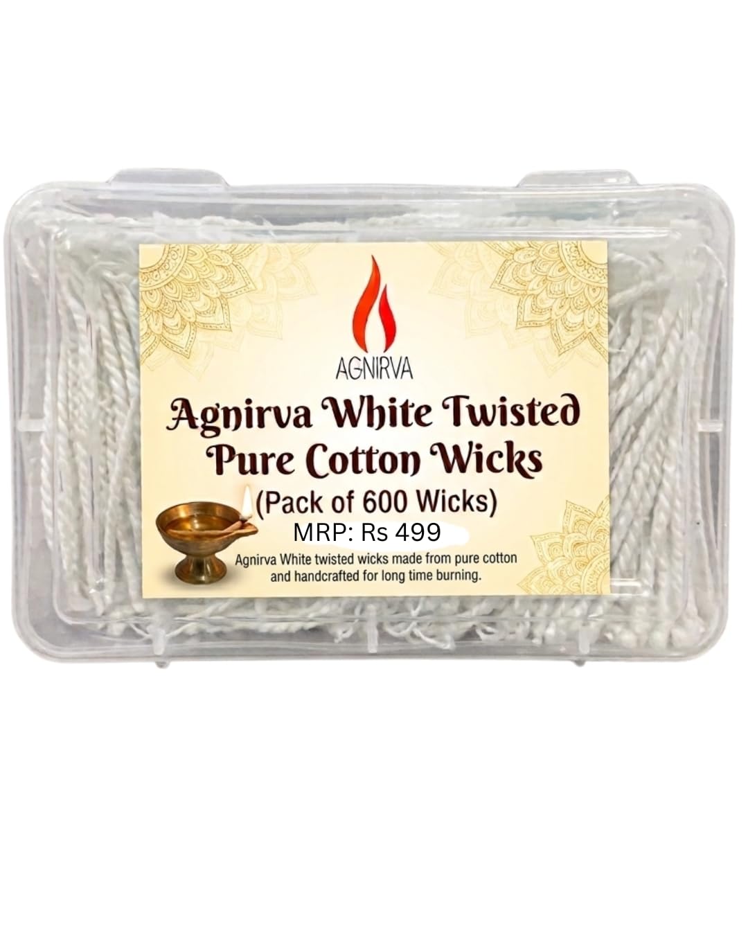 AGNIRVA White Twisted Pure Cotton Wicks for Akhand Jyot, Handmade Diya Batti Long Cotton Wicks Lambi Batti for Daily Pooja, Aarti & Meditation, Box Packing (Pack of 600 Wicks)-image-0