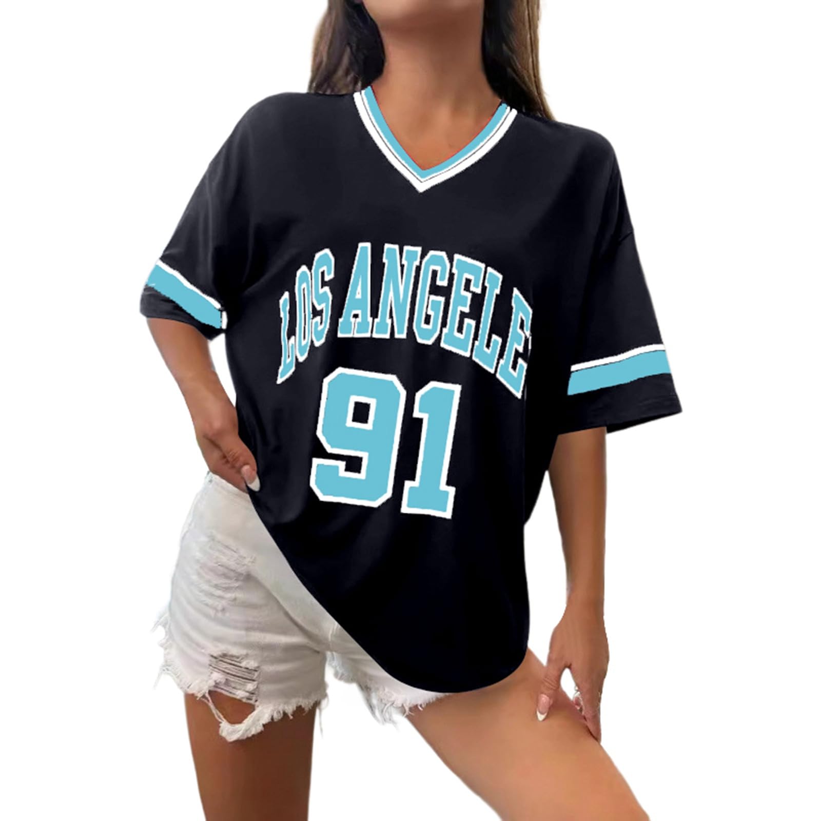 Women's Los Angeles Shirt Baseball Jerseys Oversized Y2k Number Shirts Graphic Striped Trim Casual Shirt V Neck Streetwear Striped Graphic Tee Casual Top Summer Sports Shirt, O Sky Blue, XXL