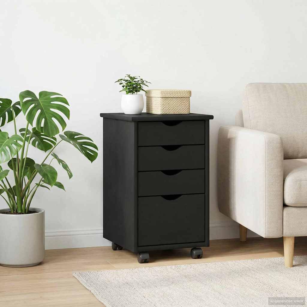 Armadio a rotelle nero, 34 x 39 x 56 cm, contenitore con ruote in legno di pino massello con 4 cassetti, contenitore mobile da ufficio per casa e studio, design minimalista