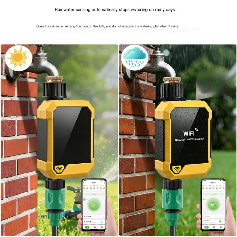 Temporizador de Agua WiFi Tuya, Temporizador de Riego Inteligente con Sensor de Lluvia y Control Remoto para Jardín, Patio y Césped IPX6