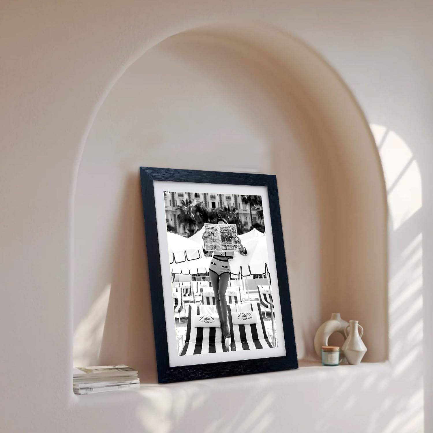 Framed Black and White Summer Wall Decor Woman Reading Newspaper Beach Canvas Print Artwork Luxury Fashion Girly Wall Art for Room Decor