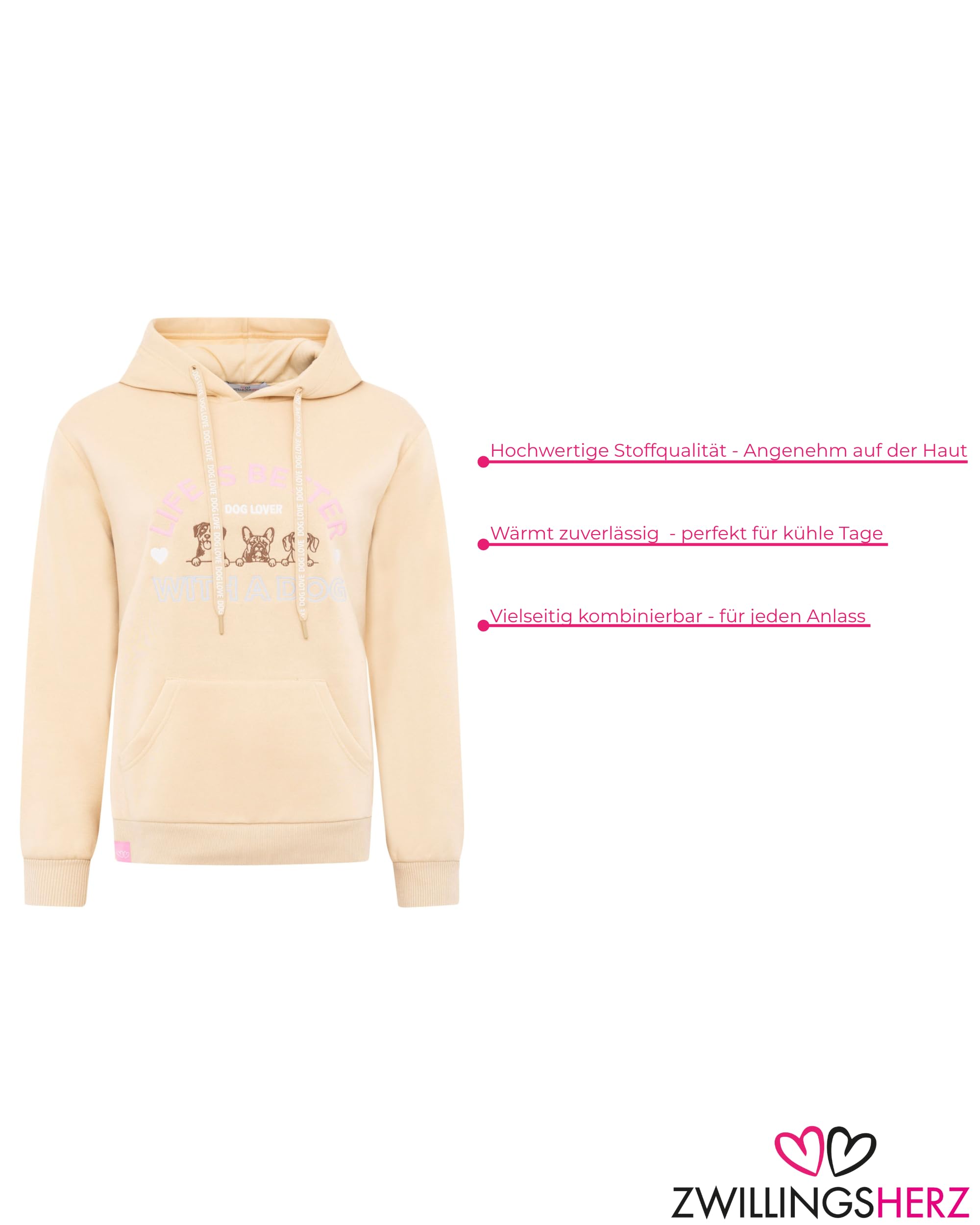 Zwillingsherz Damen Hoodie mit Kapuze – Kuscheliger Oversize Kapuzenpullover – Weicher Sweatshirt Pullover für Frauen Aufdruck – Stylischer Look für Frühling, Herbst & Winter – Loungewear Mode