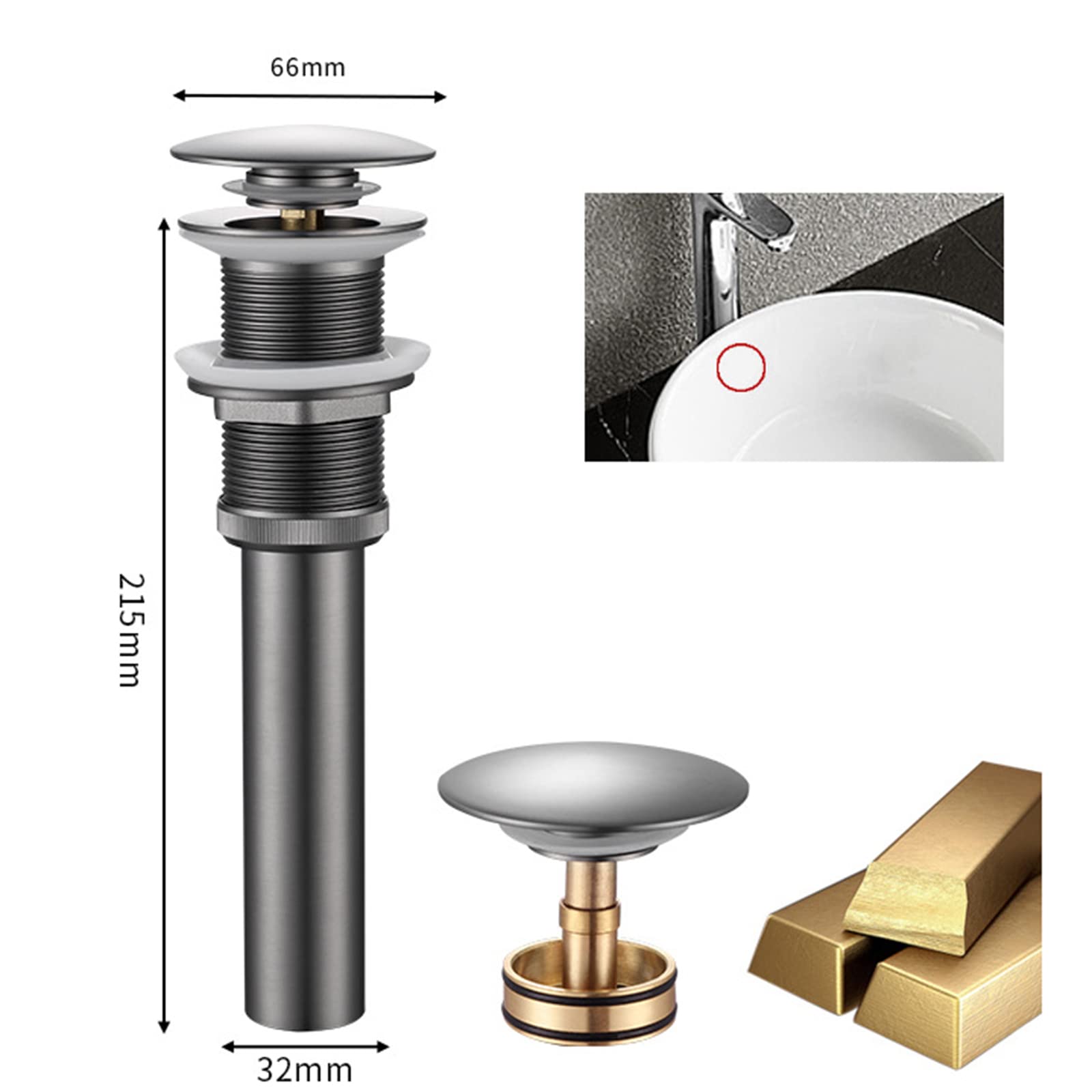 Piletta Lavabo Bagno Pop Up,grigio Pistola,Piletta Lavabo Bagno Click Clack,Piletta Lavabo Bagno Pop Up,Rame Pieno,grigio Pistola D