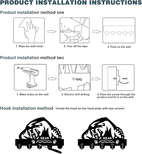 Miniatura 6 de Soporte para llaves de oso para pared, ganchos de pared de oso, decoración artística de pared de oso de animal, montado en la pared de madera,