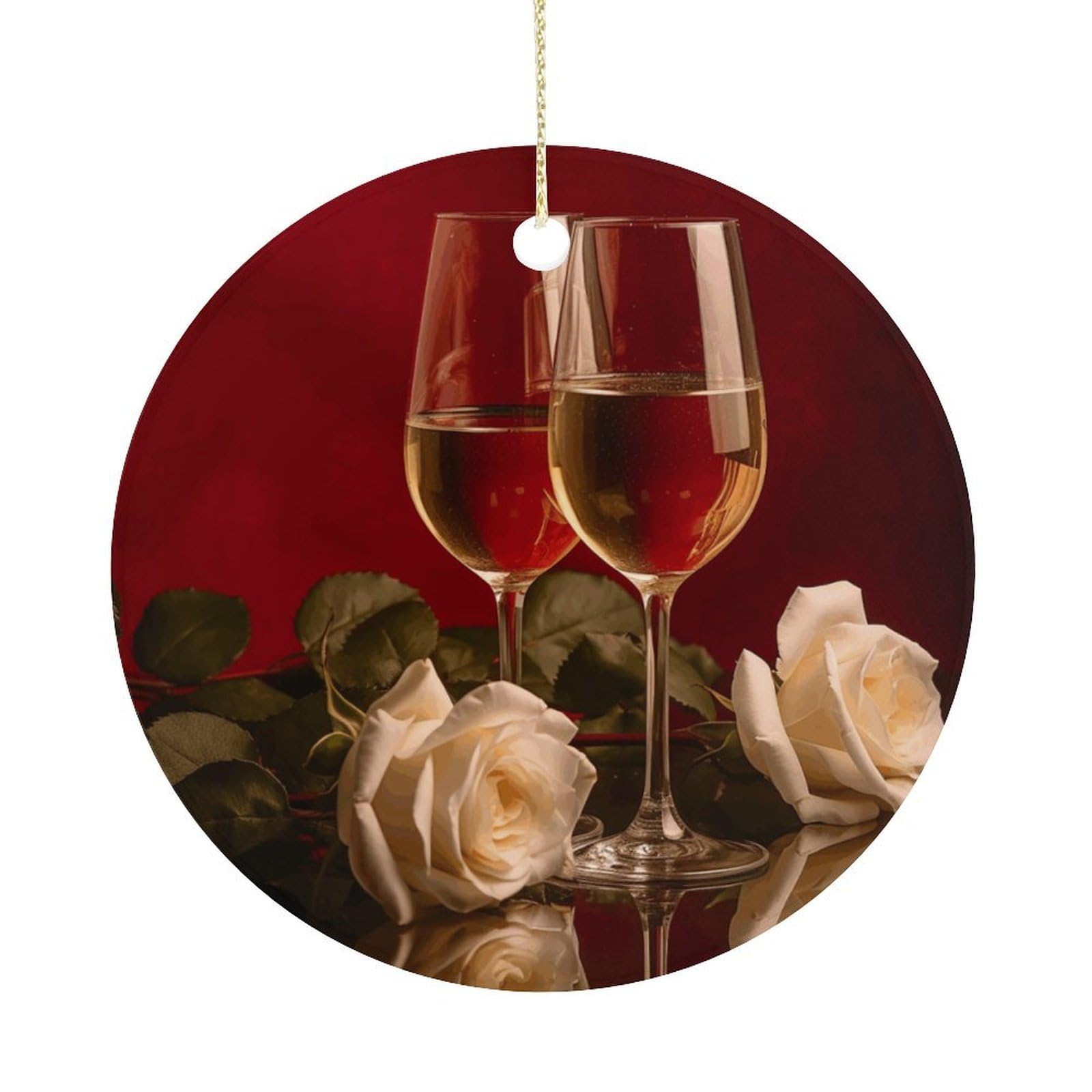 Wine and Roses Christmas Ornaments Colorful Round Ceramic Ornament Christmas Hanging Decor Christmas Tree Decorations Xmas Keepsake for Women Men Xmas Holiday Party