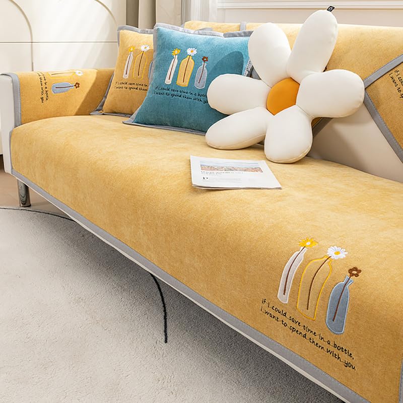 Housse canapé amovible chenille 90x210 jaune pour grand canapé relax angle L U