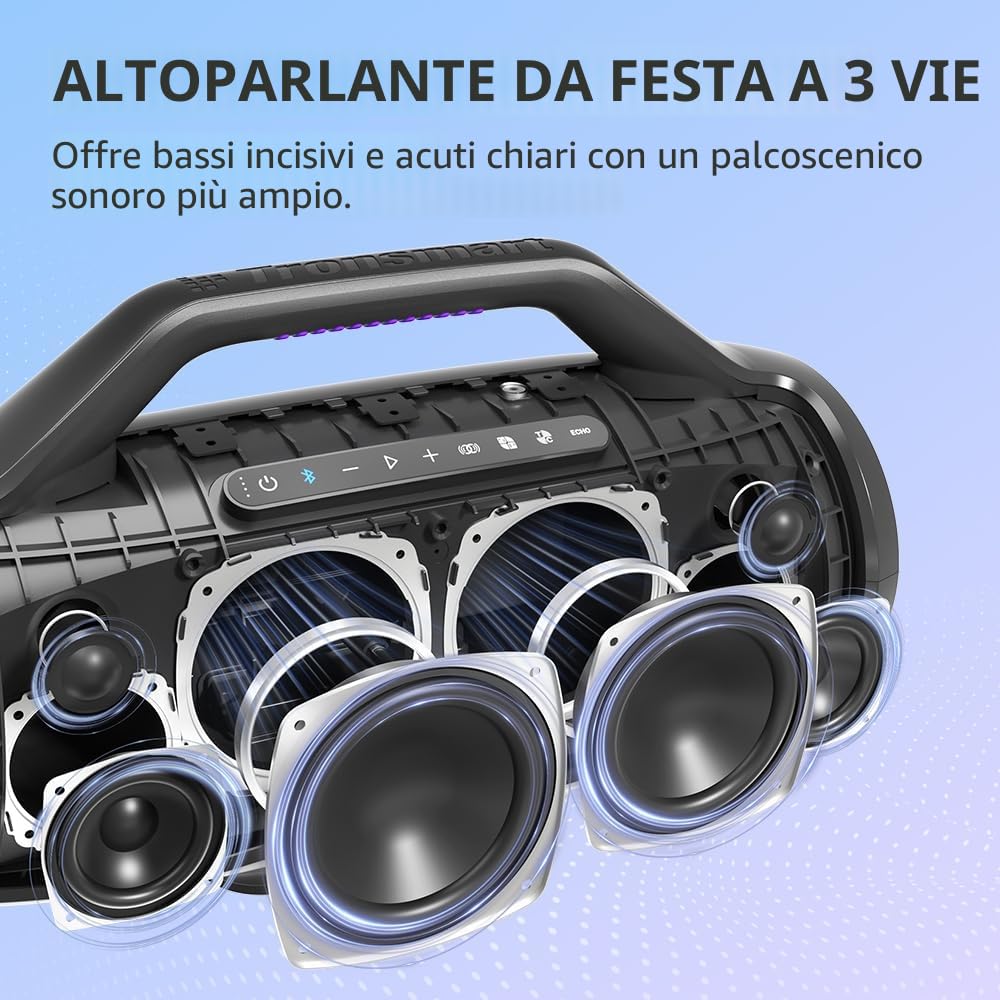 Tronsmart Bang MAX Cassa Bluetooth Potente 130W, Altoparlante Bluetooth 5.3, Luci a LED e Impermeabile IPX6, Fino a 24H di Autonomia, Tripli Radiatori Passivi-Bassi con AUX, TF, App, Foro per Chitarra