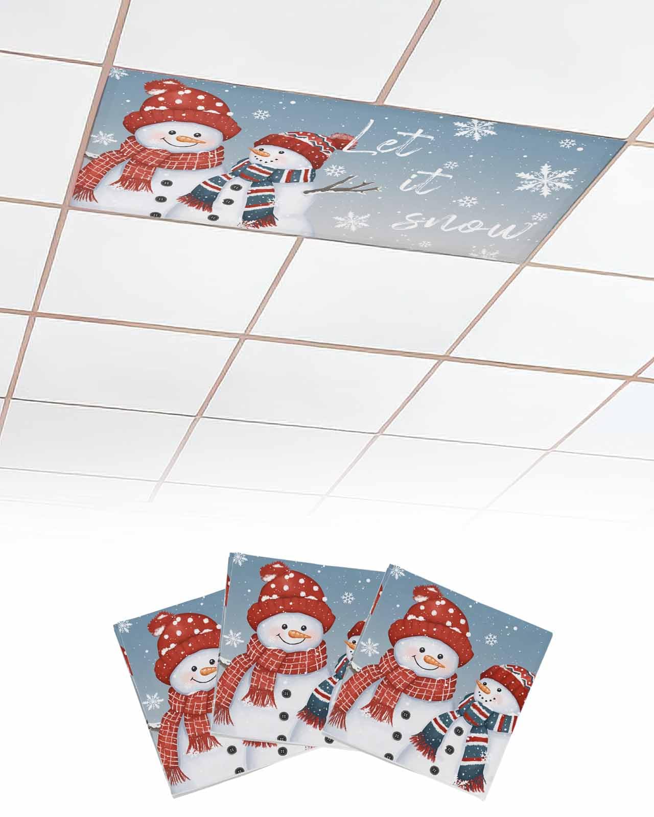 EwdeWwo Christmas 3 Pcs Fluorescent Light Covers for Ceiling Lights, Blue Snowman Snowflake Winter Magnetic Light Filters for Eliminate Harsh Glare Classroom Office Decoration, 4 x 2 Ft