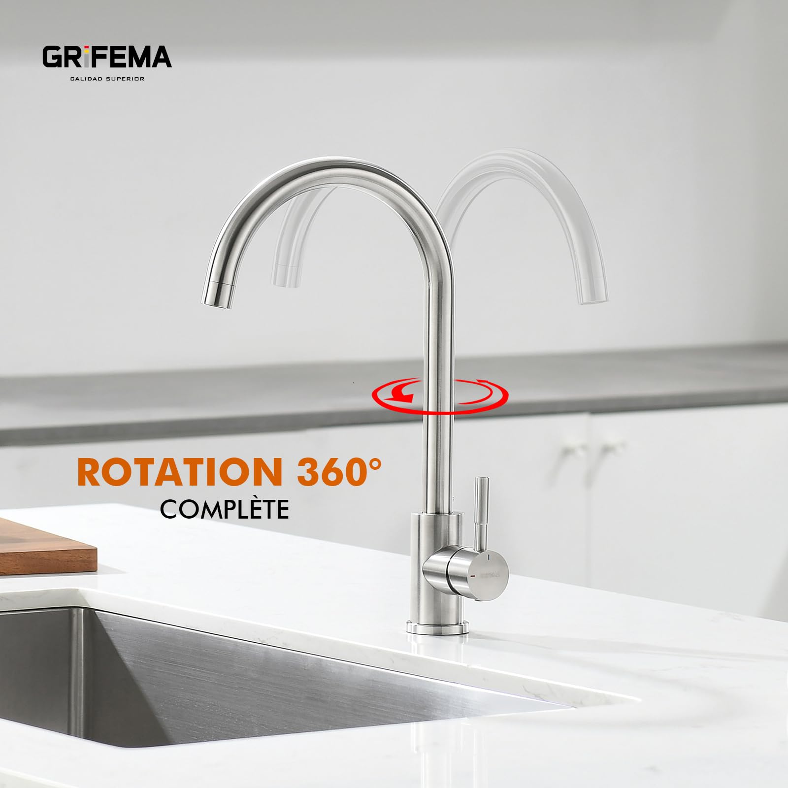 GRIFEMA G4008 Robinet de Cuisine Mitigeur Évier à Poignée Unique, Arc Élevé 360, Acier Inoxydable