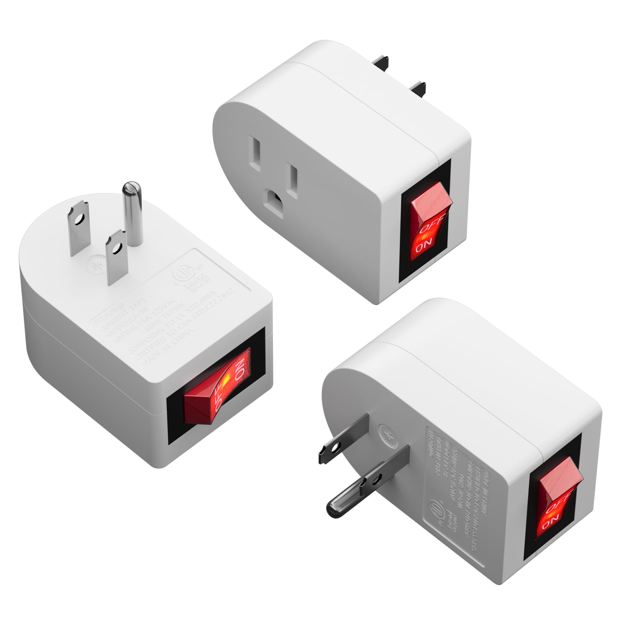 HiFind Grounded Outlet Extender with ON/Off Switch (3 Pack), 3 Prong Single Port Power Adapter, Energy & Space Saving Wall Tap Plug with Red Indicator