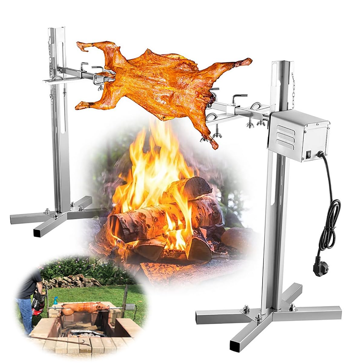 Kit girarrosto elettrico in acciaio inossidabile da 45 W, portata 264 libbre, supporto per girarrosto per spiedo da campeggio grande da 45,2 pollici all'aperto, altezza regolabile