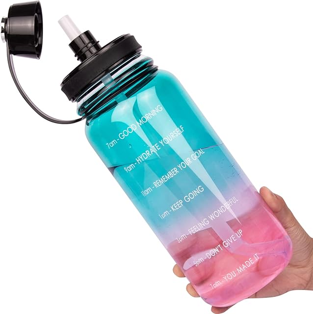 Ferexer Large 1.5 Litre Reusable Glass Water Bottle with Time Marker, Motivational Borosilicate Water Bottle with Neoprene Sleeve 1.5 L BPA Free (Blue-pink)