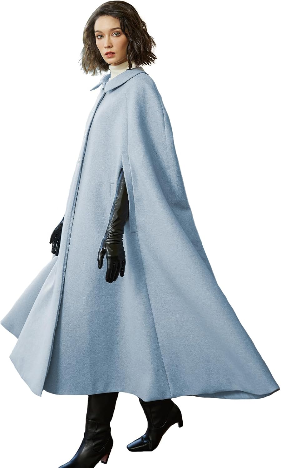 BEAUTELICATE Wool Blend Cloak Slit Sleeve 2 Pockets Turn-Down Collar Fleece Cloak Winter Cape