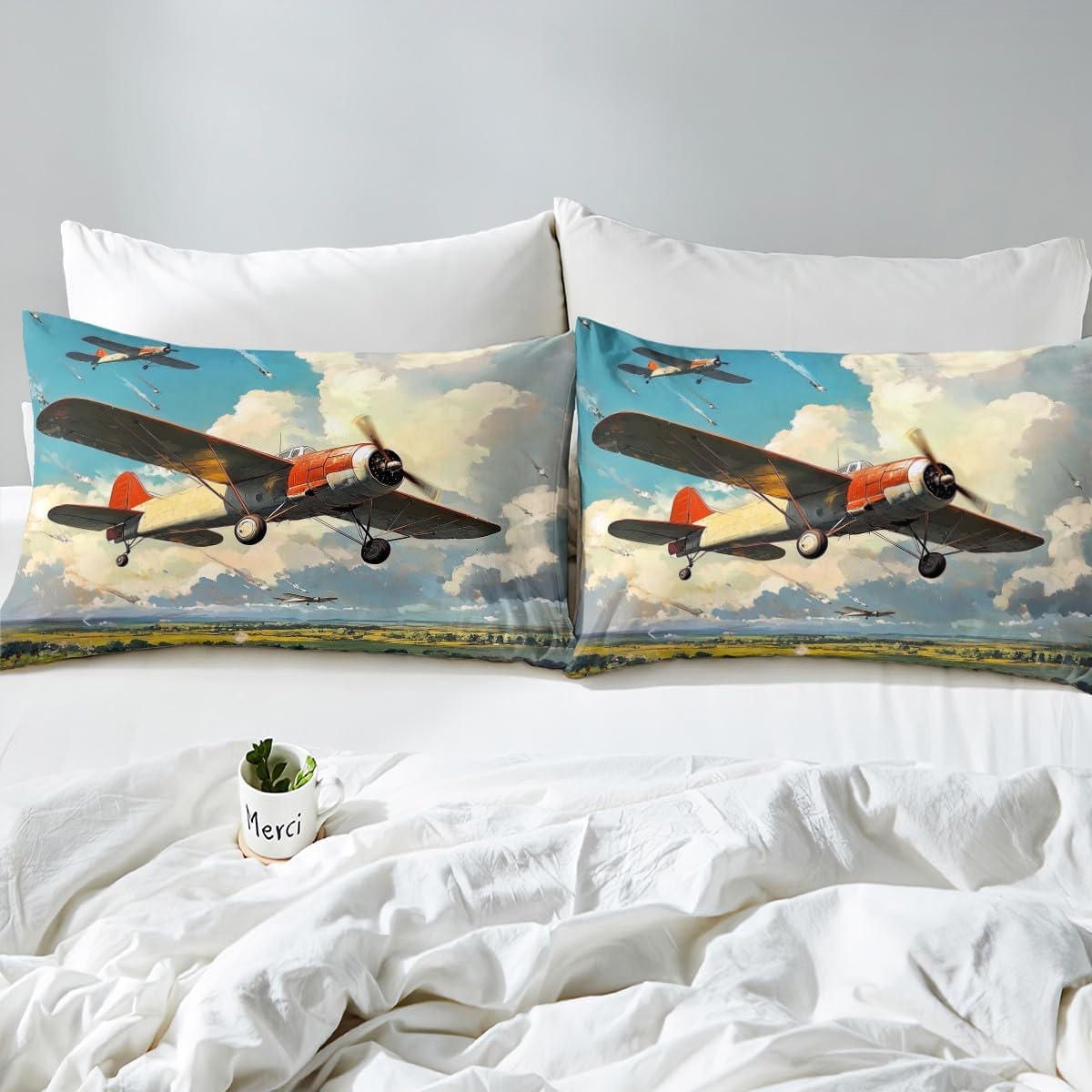 Vintage Aircraft Duvet Cover Toddler Size Modern Flying Airplane Comforter Cover for Boys Kids Blue Sky Clouds Bedding Set Aviation Plane Breathable 2 Pieces Decorative Bed Cover(No Comforter)