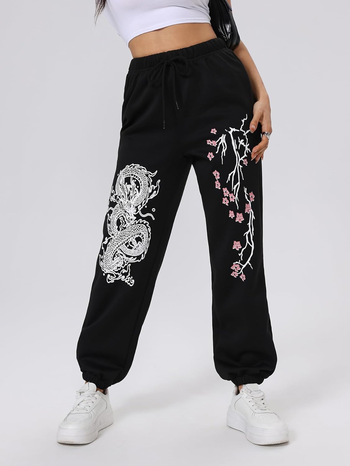 WDIRARA Women's Floral Dragon Print Drawstring Waist Joggers Pants Workout Sweatpants - Image 2