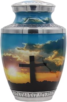 Cross Religious Cremation Urn Metal Funeral Urn for Human Ashes - Large Adult Size Burial Urn - Finished with Airbrushing by Hand - Memorial Art - Adult Size - 200 cu in