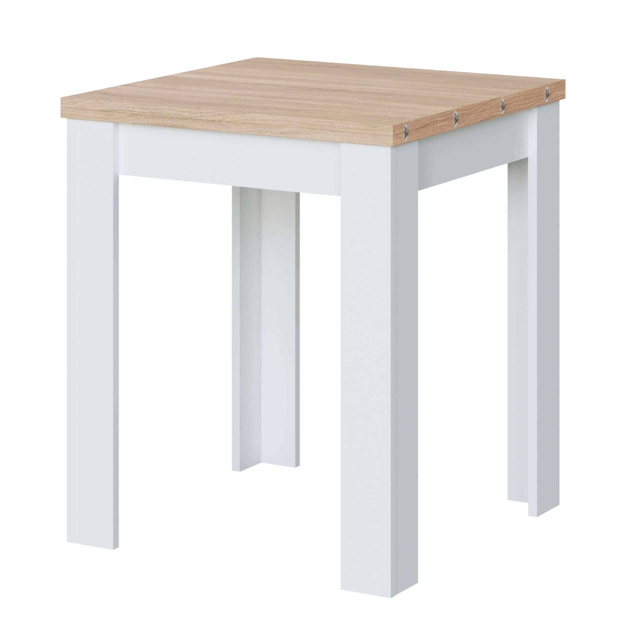 Habitdesign – Mesa Auxiliar Extensible para Cocina, Color Blanco Artik y Roble Canadian, 67–134x67x79 cm – Modelo Livre