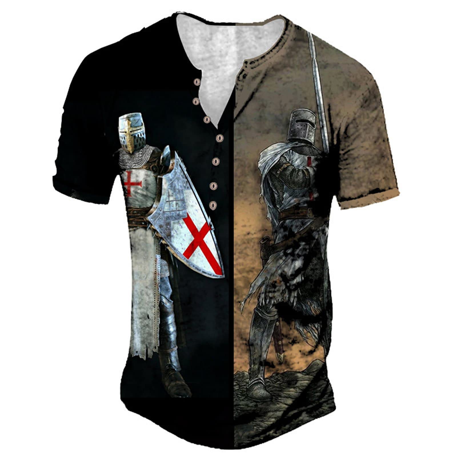 WAVOTIQ Men's Vintage Distressed Henley Short Sleeve T-Shirt Retro 3D Knight Templar Print T-Shirts Motorcycle Racing Henley Shirts, L