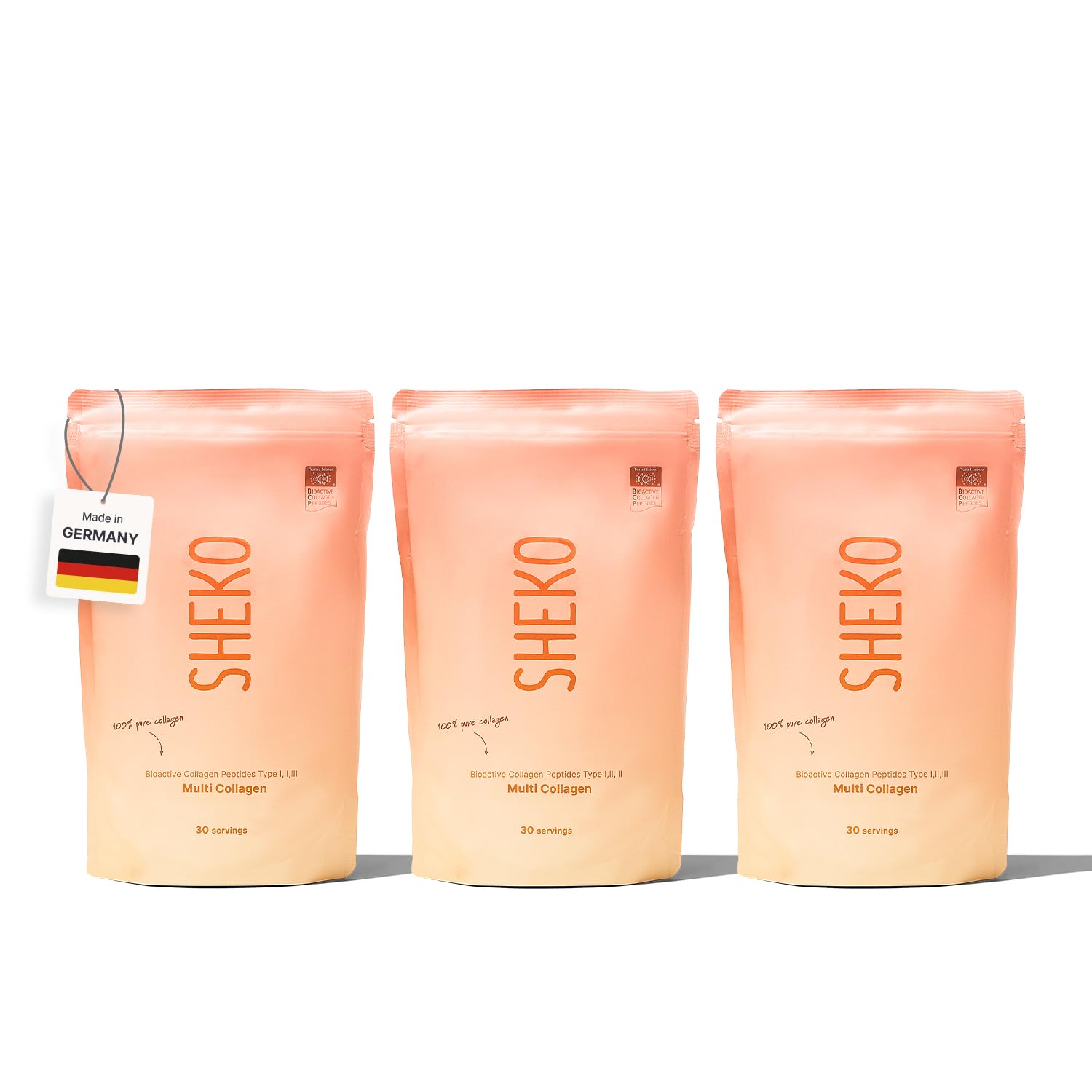 SHEKO Premium Kollagen Pulver 3x 450g - Natürliches Bioaktives Kollagen Hydrolysat - Peptide Typ 1, 2, 3 - Collagen Pulver - Reinste Qualität - Optimale Löslichkeit - Proteinpulver - Made in Germany