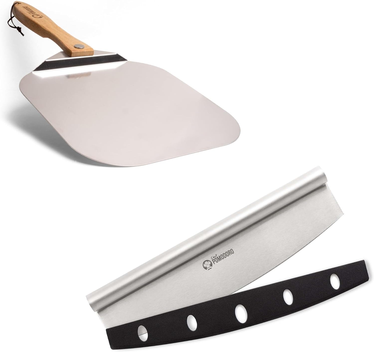 Chef Pomodoro Pizza Mastery Bundle - Aluminum Metal Pizza Peel with Foldable Wood Handle and Pizza Cutter Rocker Knife, Multipurpose 14 Inch Mezzaluna Chopper