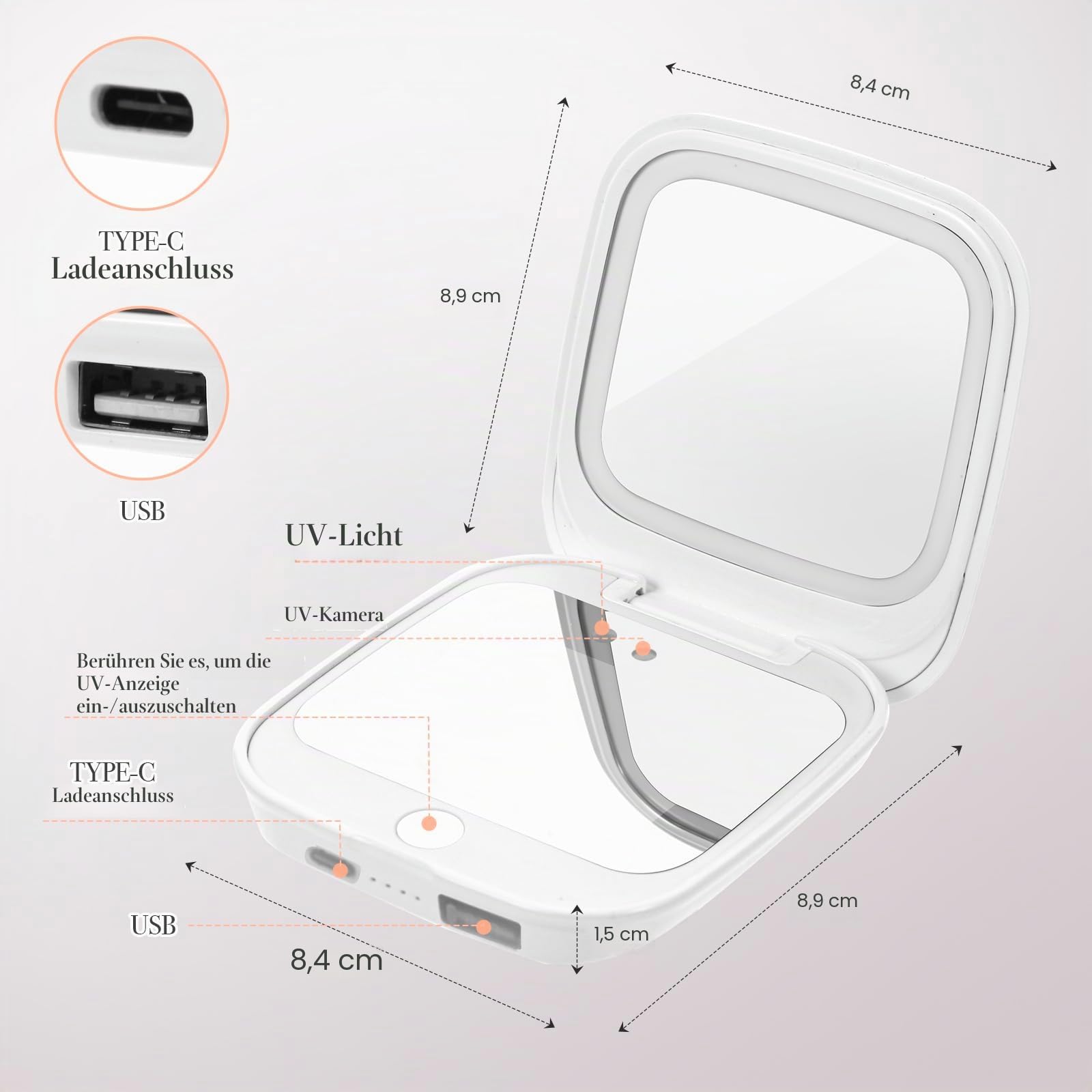 UV-Kamera-Spiegel für Sonnenschutz-Test & SPF-Erkennung, 1x/2-fache Vergrößerung, Reisespiegel mit dimmbaren LED-Lichtern, 2-seitiger tragbarer Make-up-Spiegel für Handtasche/Tasche, Weiß
