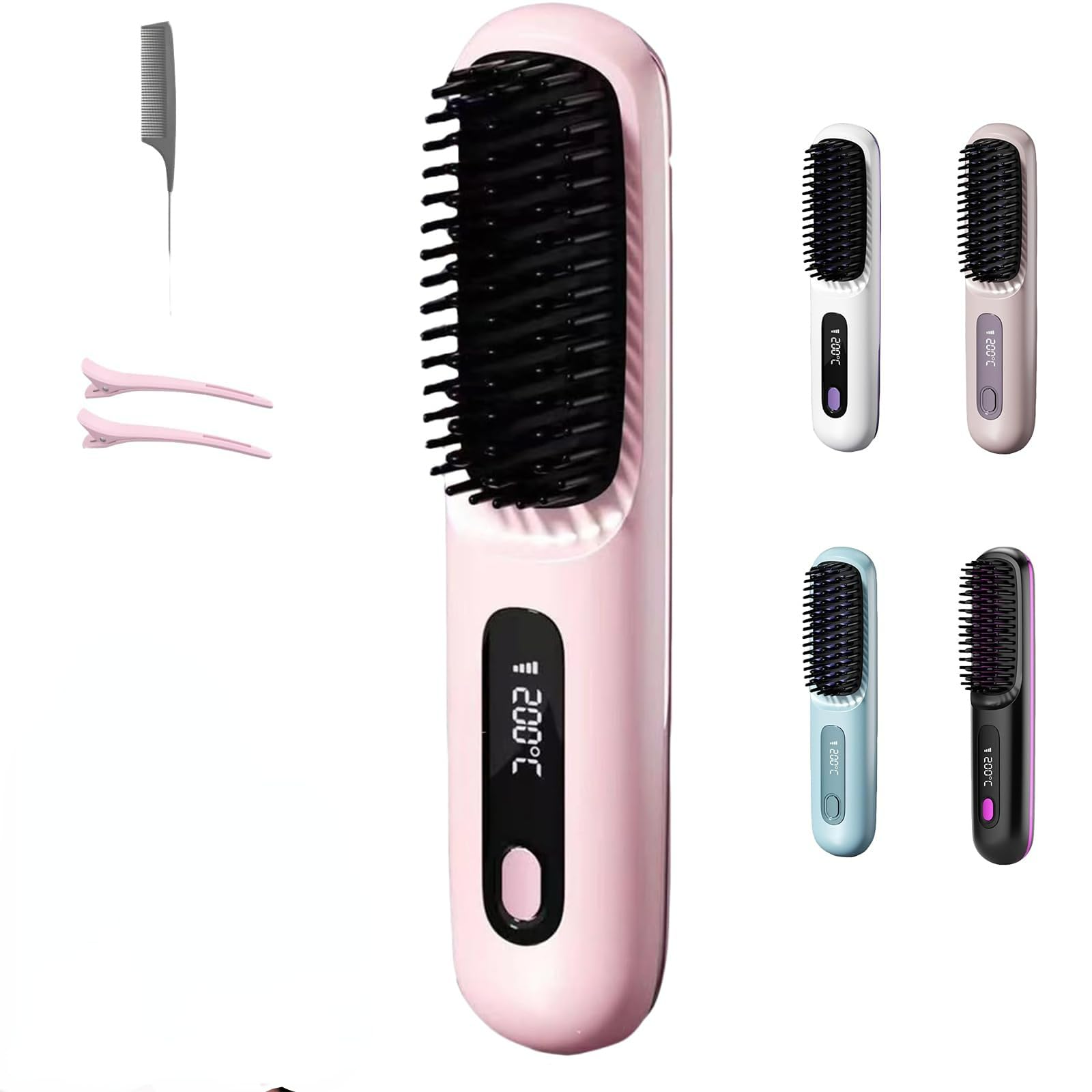 2 in 1 for Straightening and Curling Gobrush Pro 2025, 2025 New GoBrush Pro Rechargeable Travel Hair Straightener Comb, 3 Temperature Settings (Pink)
