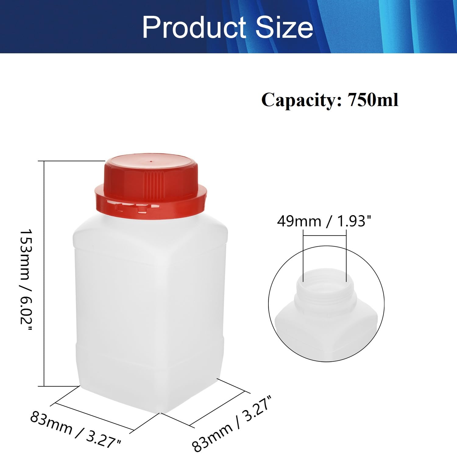 Jutagoss 5Pcs 750ml Reagent Bottles, Wide Mouth Plastic Seal Sample Storage Container, Liquid Sealing Translucent Square Bottles with Red Anti-theft Cap, for Lab, Classroom, or Storage at Home