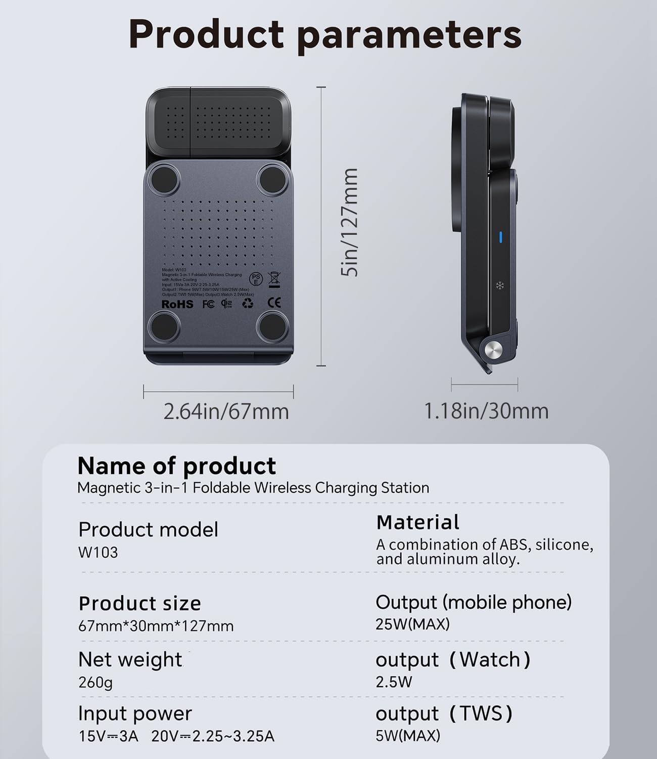 Stazione di ricarica wireless 3 in 1 con raffreddamento attivo TEC | Caricatore rapido da 25 W per supporto pieghevole magnetico MagSafe