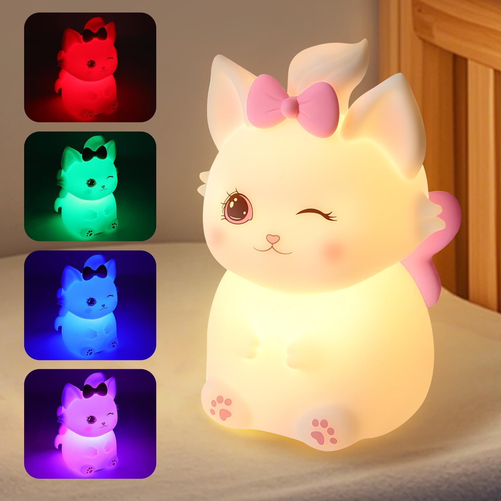 Luce notturna con controllo touch, 3 modalità e lampada a LED dimmerabile con 7 colori, ricaricabile tramite USB, in silicone per uso alimentare, decorazione per la camera dei bambini (bianco)