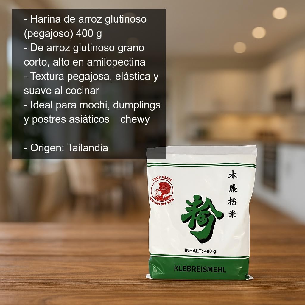Harina de arroz glutinoso 2 x 400 g para mochi, dumplings y repostería asiática textura elástica y chewy, espesante para sopas y salsas, sin trigo