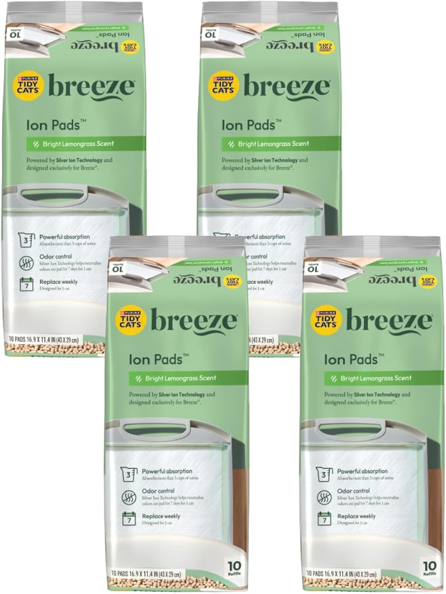 Tidy Cats Breeze Bright Lemongrass Scented Ion Cat Litter Box Pads Refill Pack - 10 CT (Pack of 4)