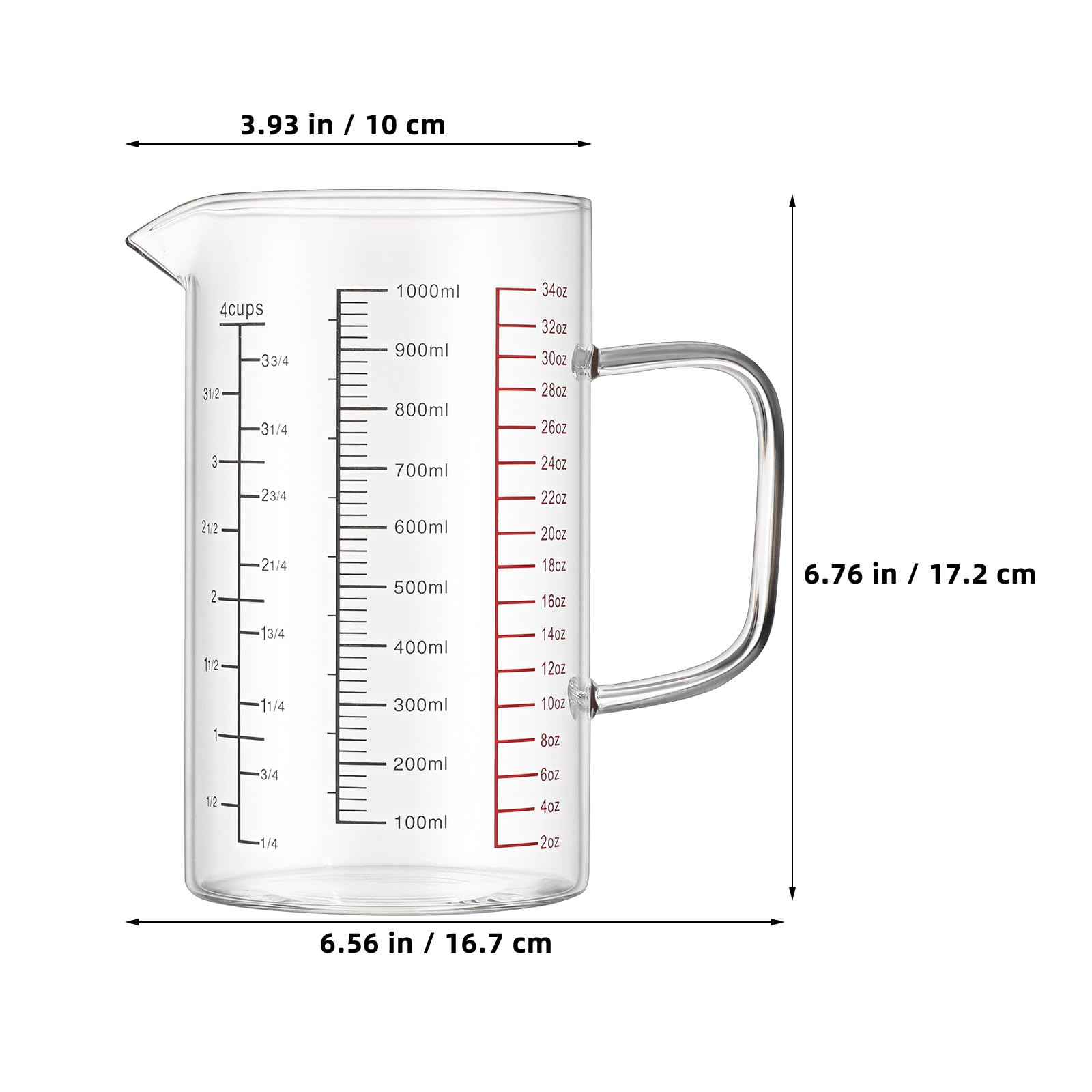 STOBAZA Taza Medidora de Vidrio de 1000 Ml con Asa, Vaso Graduado Multifuncional con Cuatro Escalas (ml, Onzas, Tazas), Resistente Vidrio de Borosilicato, Adecuado para Repostería y